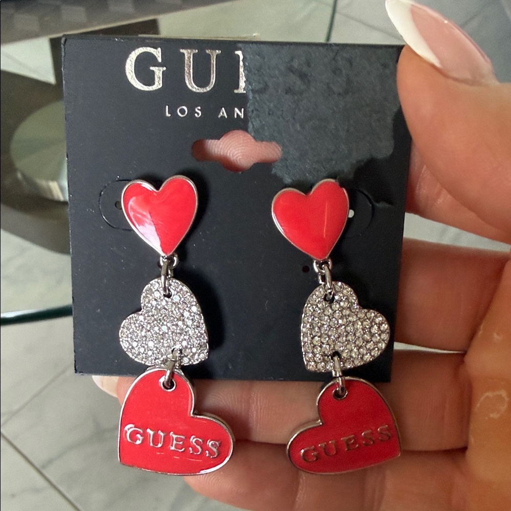 GUESS Red and Silver Triple Heart Earrings